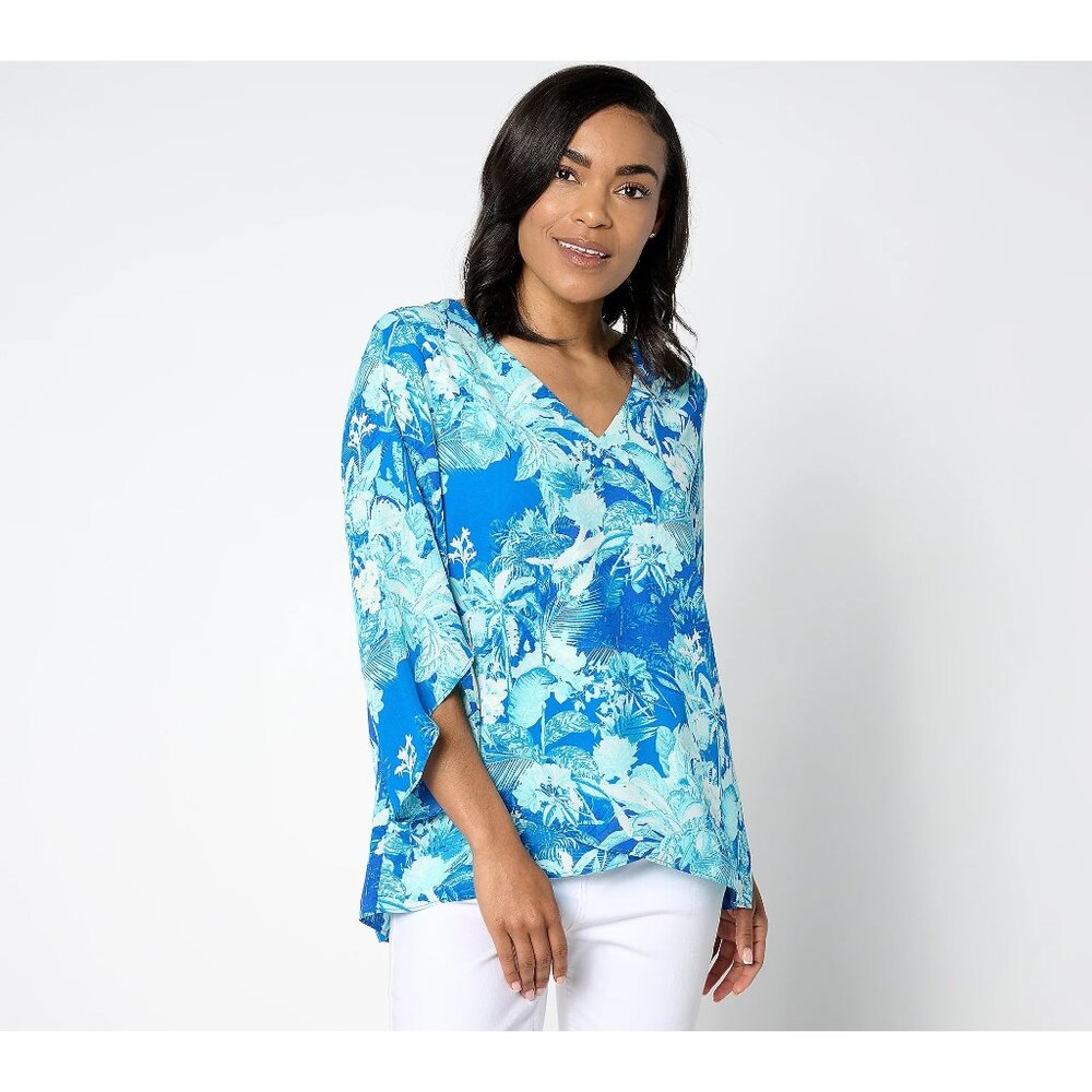 BEAUTIFUL by Lawrence Zarian Blouse Size Large Paradise Printed V Neck Aqua Blue
